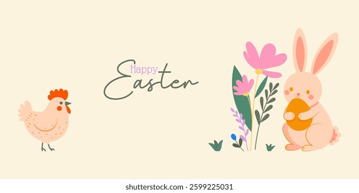 Horizontal Happy Easter Poster in a Modern and Trendy Minimalist Style. Easter eggs, bunny, flowers and chickens. Perfect for holiday cover or web banner design template.
