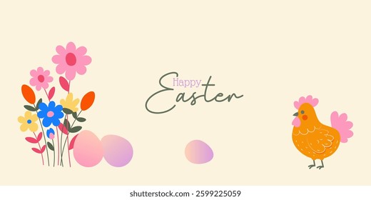Horizontal Happy Easter Poster in a Modern and Trendy Minimalist Style. Easter eggs, bunny, flowers and chickens. Perfect for holiday cover or web banner design template.