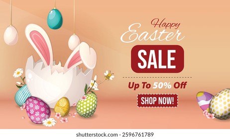 Horizontal Happy Easter Sale Banner with Discount Offer Detailed Art. Bunny Inside an Egg Shell Surrounded by Easter Eggs and Spring Flowers Graphic.