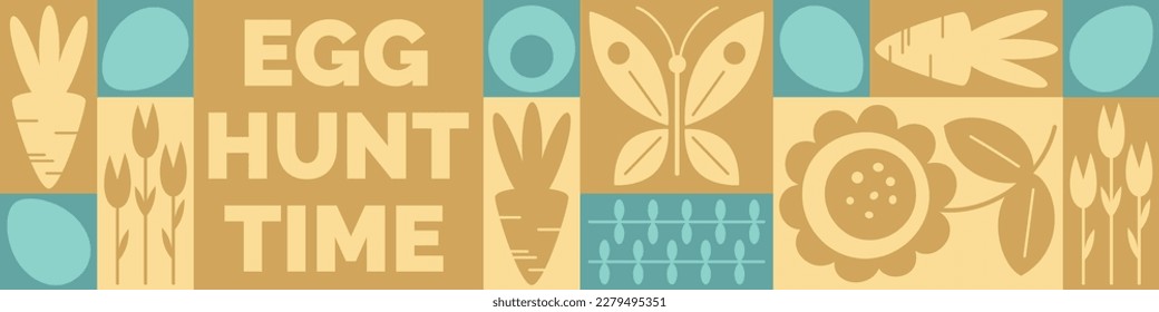 Horizontal Happy Easter or spring themed motifs poster in modern geometric abstract style. Egg hunt time. For Holiday covers, posters, banners, greeting card. Cute bunny, eggs, flowers, carrots