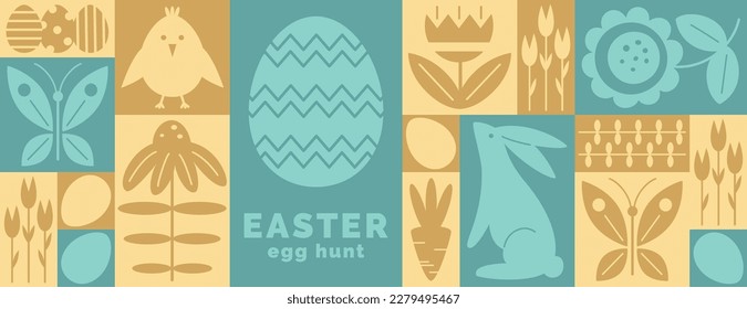 Horizontal Happy Easter or spring themed motifs poster in modern geometric abstract style. Easter Egg Hunt. For Holiday covers, posters, banners, greeting card. Cute bunny, eggs, flowers, carrots