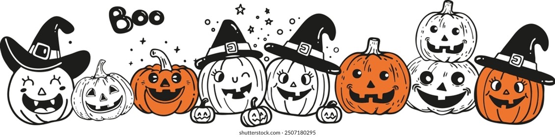 Horizontal Happy Halloween Banner with Finny Smiling pumpkins, jack o lantern over white