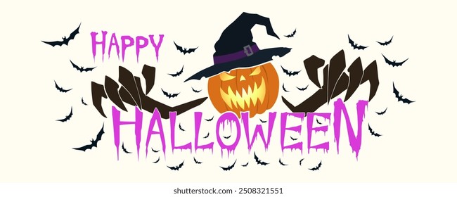 Horizontal Happy Halloween Banner With Flying Bats, Pumpkin , Vector.