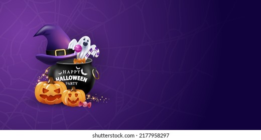 Horizontal Happy Halloween banner. A group of 3D illustrations of a glowing pumpkin, eyes on the background of a witch, a ghost, sweets for the holiday