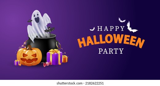 Horizontal Happy Halloween banner. A group of 3D illustrations of a glowing pumpkin, a ghost flying out of a witch's pot, gifts of sweets for the holiday.