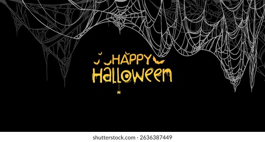 A horizontal happy halloween banner on a black background with a vector spider web hanging from the top.Bright lettering for your website, parties