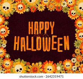 Horizontal HAPPY HALLOWEEN greeting with a decorative frame of illustrated skulls and flowers. Spooky and fun design in vibrant autumn hues on a dark textured background. Vector illustration.