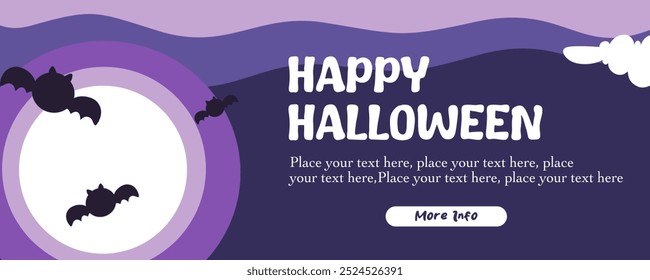 Horizontal Happy Halloween greeting sale banner, card or party invitation with Holiday calligraphy, full moon and purple background. Design template for advertising, web, social media, and poster