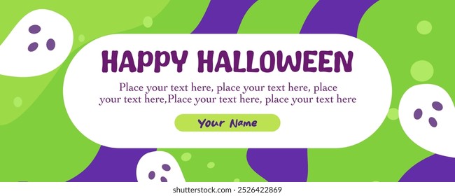 Horizontal Happy Halloween greeting sale banner, card or party invitation with Holiday calligraphy, cute ghost and purple background. Design template for advertising, web, social media, and poster