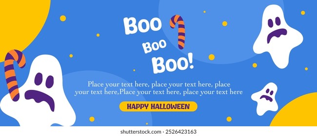 Horizontal Happy Halloween greeting sale banner, card or party invitation with Holiday calligraphy, cute ghost and blue background. Design template for advertising, web, social media, and poster