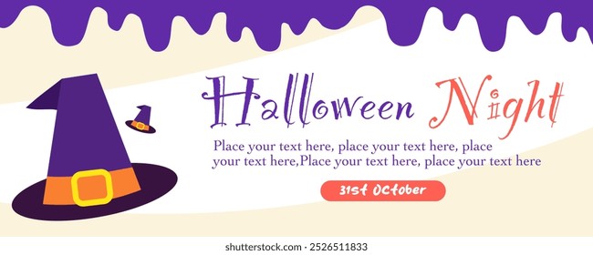 Horizontal Happy Halloween greeting sale banner, card or party invitation with Holiday calligraphy, hat and bright background. Design template for advertising, web, social media, poster and flyer