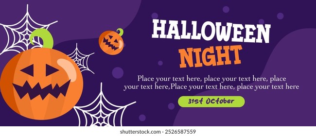 Horizontal Happy Halloween greeting sale banner, card or party invitation with Holiday calligraphy, pumpkins and purple background. Design template for advertising, web, social media, poster and flyer