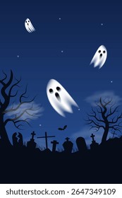 Horizontal Happy Halloween mockup card with ghosts, clouds, graveyard, bat on dark blue black background. Perfect for poster, banner, card and more. Vector illustration in flat style