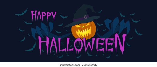 Horizontal Happy Halloween Text Banner or party Invitation Background With Flying Bats, Pumpkin , Vector.