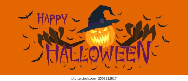 Horizontal Happy Halloween Text Banner With Flying Bats, Pumpkin , Vector.