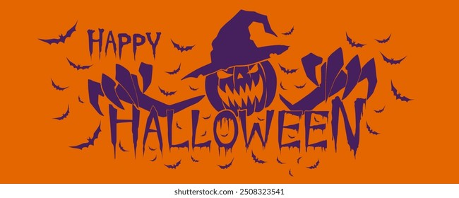 Horizontal Happy Halloween Text Banner or party Invitation Background With Flying Bats, Pumpkin , Vector.