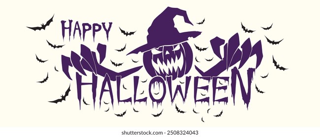 Horizontal Happy Halloween Text Banner or party Invitation Background With Flying Bats, Pumpkin , Vector.