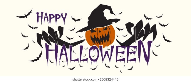 Horizontal Happy Halloween Text Banner With Flying Bats, Pumpkin , Vector.