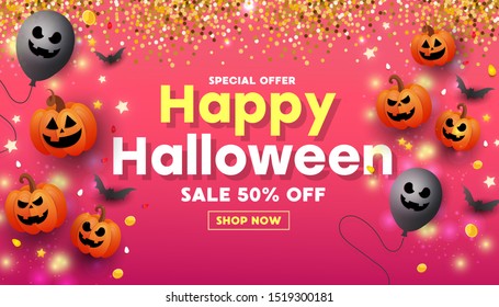 Horizontal happy halloween website banner with scary orange pumpkin face, gold coins, balloons and golden glitter elements on pink red background. Template for greeting card, brochure or poster.