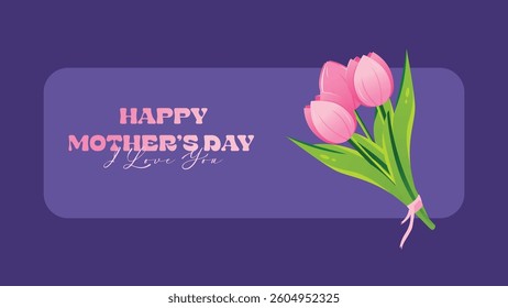 Horizontal Happy Mother's Day card with pink tulips on purple background