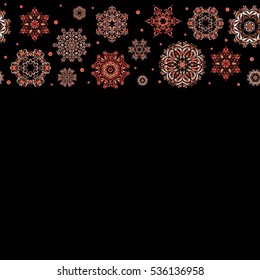 Horizontal Happy New Year 2017 sketch. Vector design for textile, wallpaper, fabric, wrapping paper. Brown, red and orange on black simple seamless Christmas pattern - varied Xmas snowflakes with dots