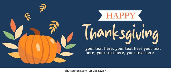 Horizontal Happy Thanksgiving Day banner with pumpkin, autumnal leaves, copy space for text and blue background. Design template for advertising, greeting card, web, social media, poster and flyer