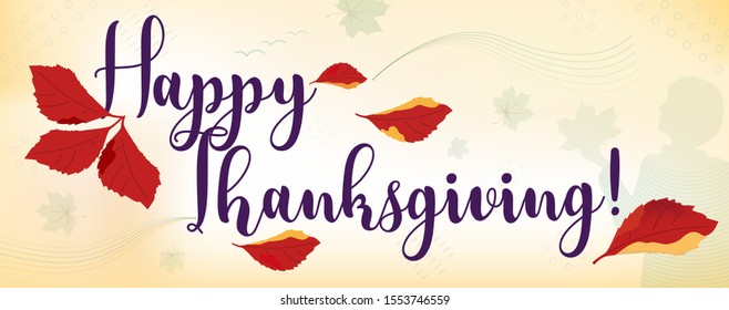 Horizontal Happy Thanksgiving Facebook Cover, Web Page, Site Banner Template. Collage Of Handwritten Font, Autumn Branch, Falling Grape Leaves, Girl On Orange Background. Flat Lay, Top View.