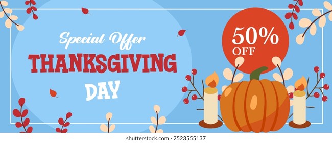 Horizontal Happy Thanksgiving Sale banner template. Trendy background with autumnal leaves, pumpkin and geometric shapes. Vector border with copy space for text in flat style.