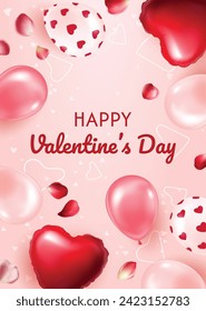 Horizontal Happy Valentine Day card with heart shaped balloons and rose petals