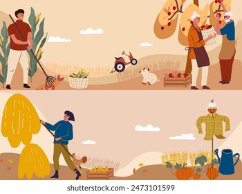 Horizontal harvest banner, characters of people with activities, hand drawn vector illustration