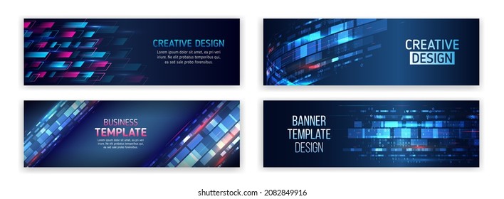 Horizontal header web background. High tech design with technological elements. Science and digital technology concept. Glowing lines for presentation. Set of modern banner templates for websites.