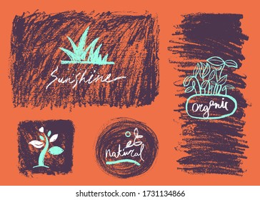 Horizontal healthy food badges on watercolor texture background. Organic food emblems. Healthy eating watercolour label. Natural icon for cosmetic design. Vector farming logo, vegetarian restaurant.