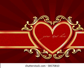 Horizontal heart-shaped red banner with gold filigree (EPS10); jpg version also available