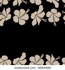Horizontal hibiscus flower pattern on a black background in beige colors with copy space (place for your text).