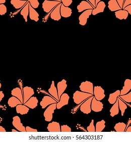 Horizontal hibiscus flower pattern on a black background in orange colors with copy space (place for your text).