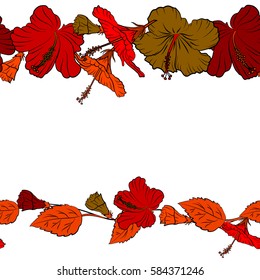 Horizontal hibiscus flower pattern on a white background in red, orange and brown colors with copy space (place for your text).