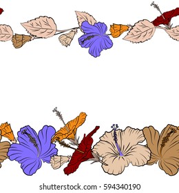 Horizontal hibiscus flower pattern on a white background in violet, red and beige colors with copy space (place for your text).