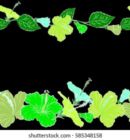 Horizontal hibiscus flowers seamless pattern on a black background in blue and green colors with copy space (place for your text).