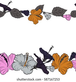 Horizontal hibiscus flowers seamless pattern on a white background in pink, gray and violet colors with copy space (place for your text).