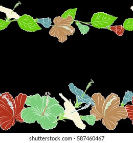 Horizontal hibiscus flowers seamless pattern on a black background in green, orange and beige colors with copy space (place for your text).