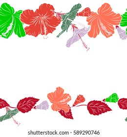 Horizontal hibiscus flowers seamless pattern on a white background in green, red and orange colors with copy space (place for your text).