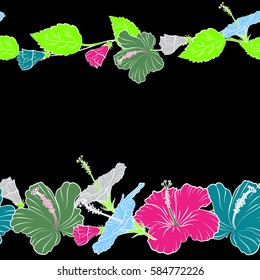 Horizontal hibiscus in magenta, blue and green colors on a black background. Aloha hawaiian shirt vector seamless pattern with copy space (place for your text).