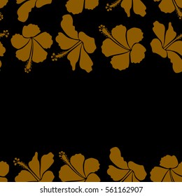 Horizontal hibiscus vector pattern with copy space (place for your text) on a black background. Seamless tropical flowers in brown colors.