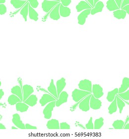 Horizontal hibiscus vector pattern with copy space (place for your text) on a white background. Seamless tropical flowers in green colors.