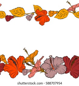 Horizontal hibiscus vector pattern with copy space (place for your text) on a white background. Seamless tropical flowers in orange, red and yellow colors.