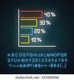 Horizontal histogram neon light icon. Rising interest rate chart. Increasing graph bars. Business strategy. Glowing sign with alphabet, numbers and symbols. Vector isolated illustration