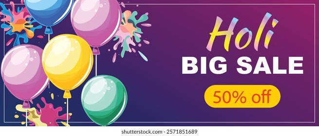 Horizontal Holi sale banner with colorful balloons and splashes, featuring Holi Big Sale text on gradient purple background