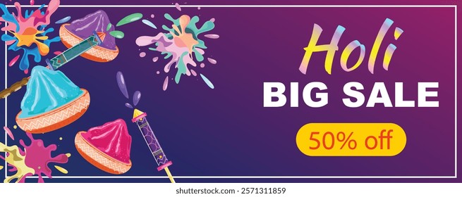 Horizontal Holi sale banner with Pichkari splashing vibrant colors and powder in blue, pink, and purple