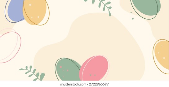 Horizontaler Ferienhintergrund mit stilisierten Pastelleiern, organischen Formen und Blättern. Modernes, minimalistisches Design für Ostergrußkarten, Social-Media-Banner und Frühjahrsaktionen.