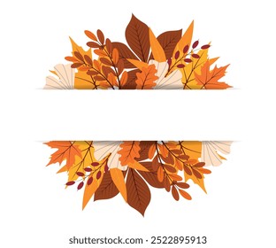 Horizontal holiday banner with autumn foliage. Botanical frame with place for text for Thanksgiving or Harvest festival. Vector illustration